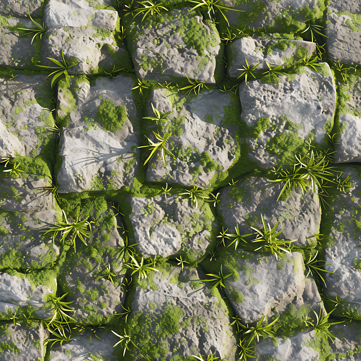 Moss-Covered Cobblestone Street with Lush Greenery seamless PBR texture preview