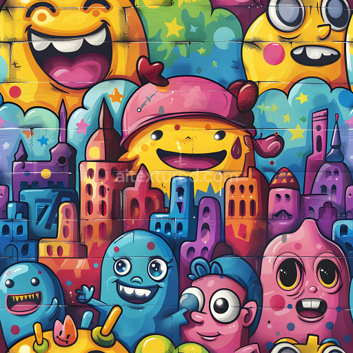 Seamless 3D PBR Graffiti Texture Featuring Vibrant Cartoon Characters and Urban Cityscape