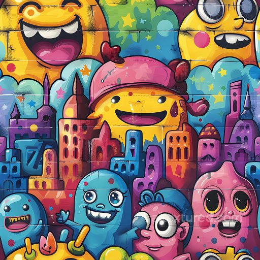 Seamless 3D PBR Graffiti Texture Featuring Vibrant Cartoon Characters and Urban Cityscape texture preview