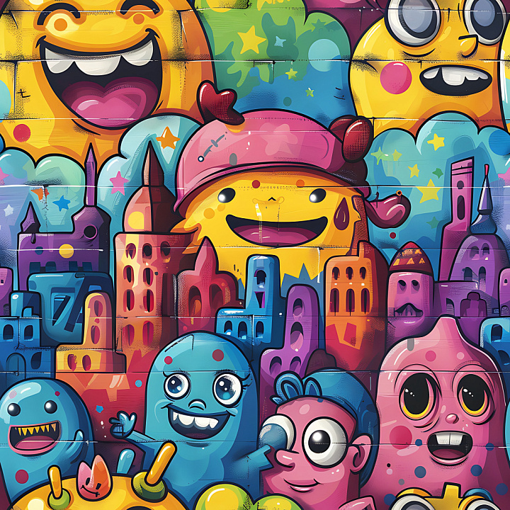 Graffiti Featuring Vibrant Cartoon Characters and Urban Cityscape seamless PBR texture preview