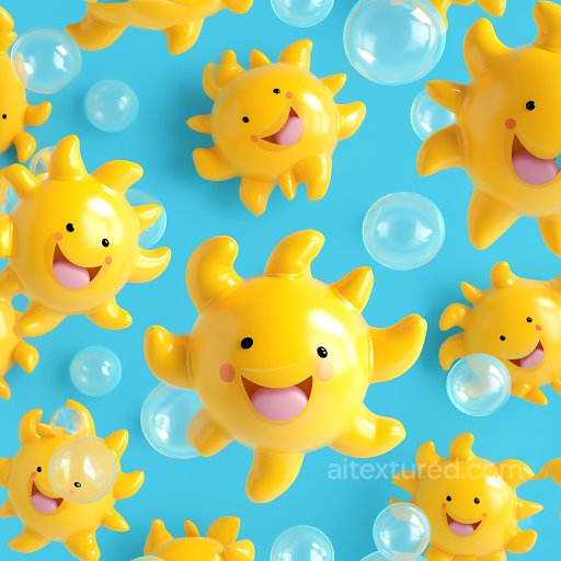 Inflated PBR Texture of Bright Yellow Cartoon Sun with Smiling Faces seamless Inflated PBR texture