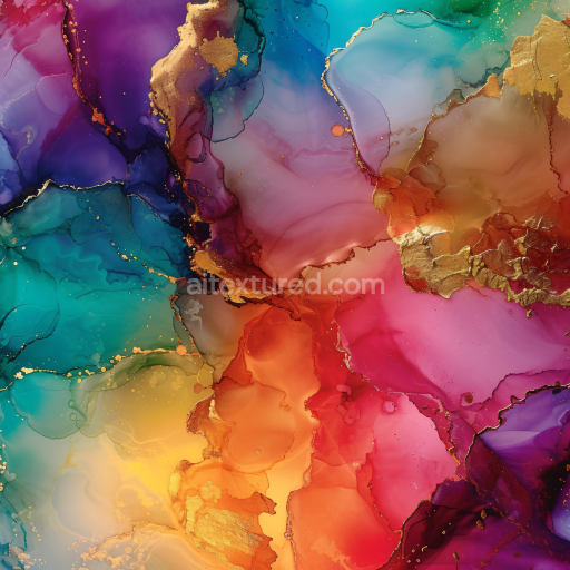 Seamless 3D Alcohol Ink PBR Texture with Vibrant Multicolor Layers and Gold Veins