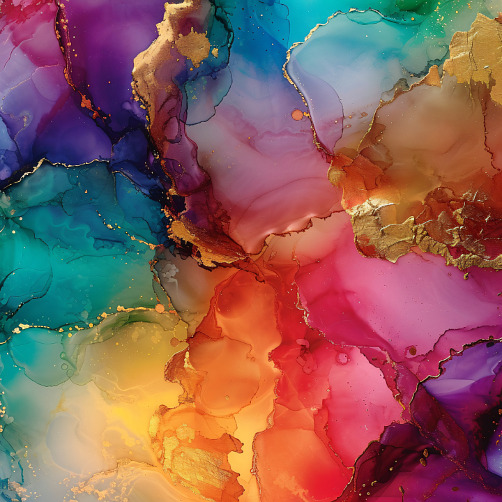 Alcohol Ink with Vibrant Multicolor Layers and Gold Veins seamless PBR texture preview