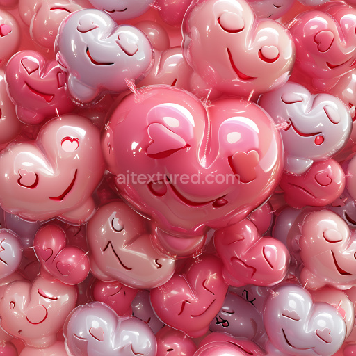 Seamless 3D Inflated PBR Texture of Glossy Pink Heart-Shaped Balloons with Faces