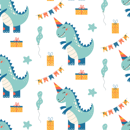 Seamless 3D PBR Texture of Cute Baby Boy Cartoon Dinosaur Pattern with Party Elements