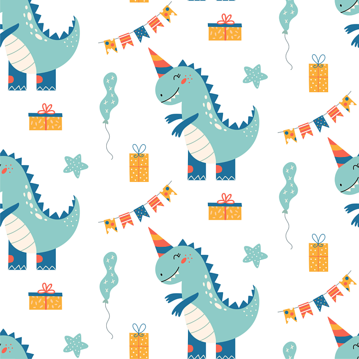 Cute Baby Boy Cartoon Dinosaur Pattern with Party Elements seamless PBR texture preview