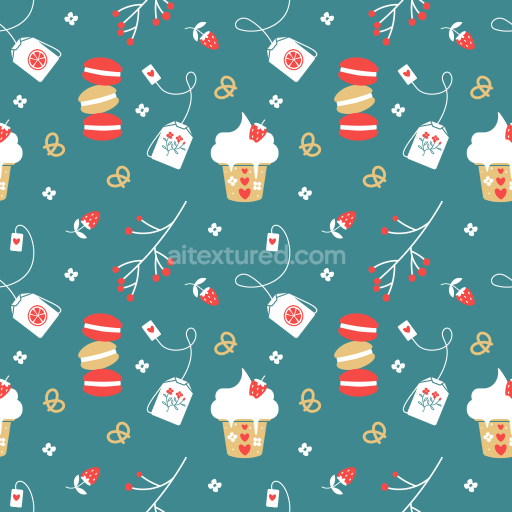 Seamless 3D PBR Festive Digital Paper Texture with Macarons and Cupcakes on Teal