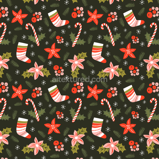 Seamless 3D PBR Christmas Pattern Fabric Texture with Festive Socks and Candy Canes