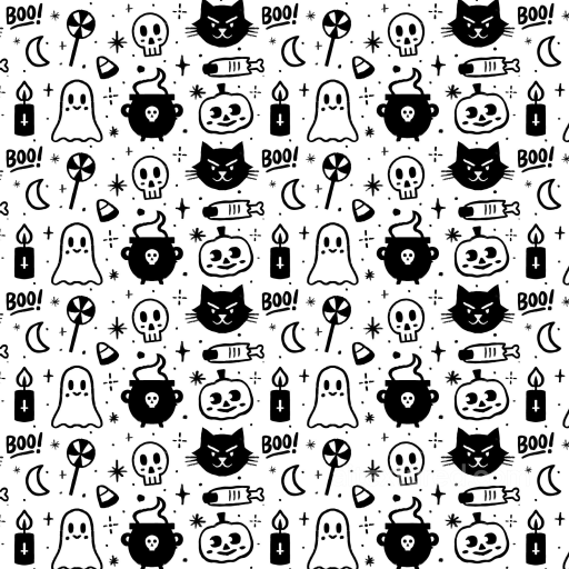 Halloween-themed Black and White Pattern Texture with Cute Spooky Icons seamless White & Black PBR texture