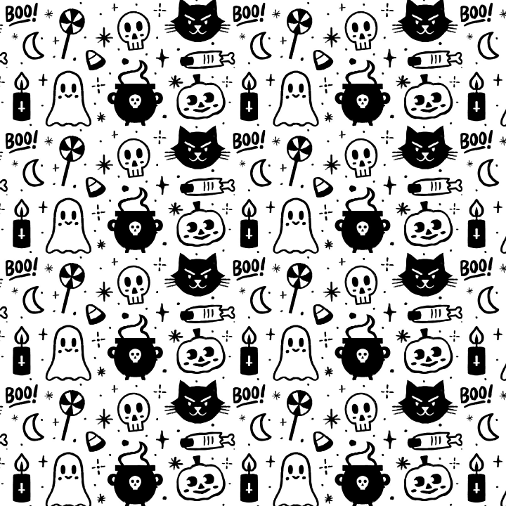Halloween-themed Black and White Pattern with Cute Spooky Icons seamless PBR texture preview