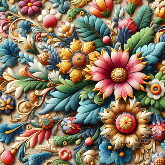 Embroidered Floral Fabric Texture with Colorful Leaves and Flowers Embroidered floral texture preview