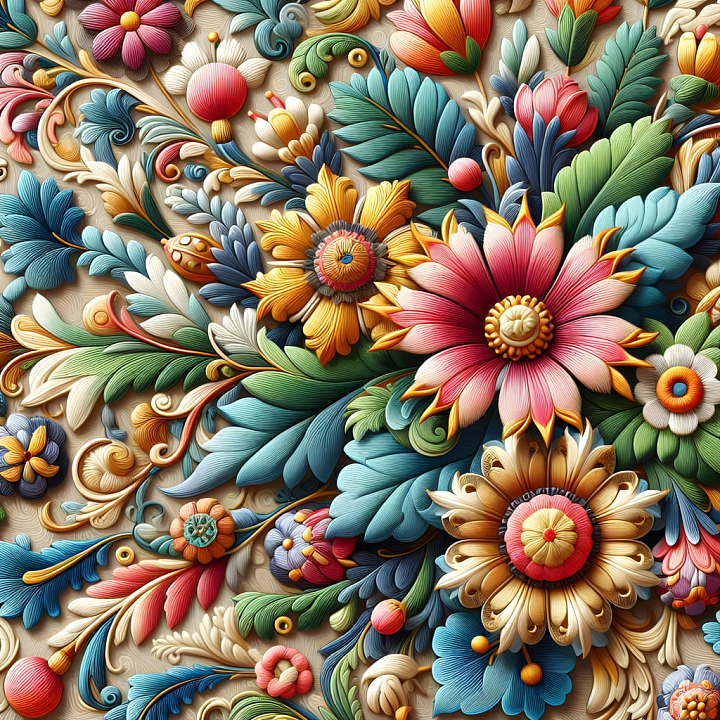 Embroidered Floral Fabric with Colorful Leaves and Flowers seamless PBR texture preview
