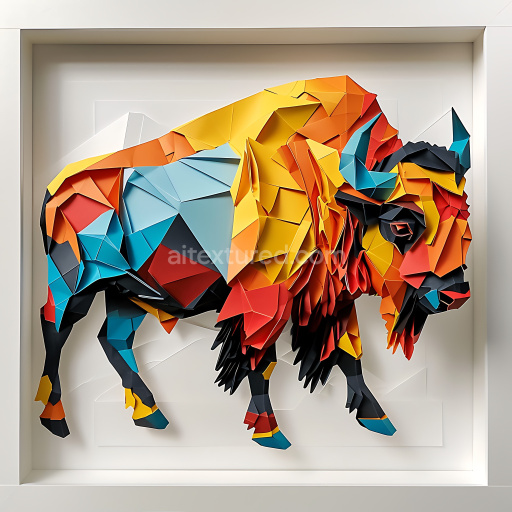 Seamless 3D PBR Origami Bison Texture with Geometric Color Blocks