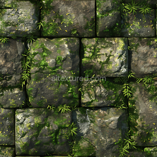 Seamless 3D Mossy Stone Pavement PBR Texture with Lush Green Growth