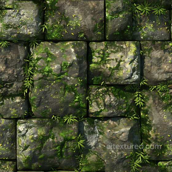 Mossy Stone Pavement PBR Texture with Lush Green Growth Stone texture preview