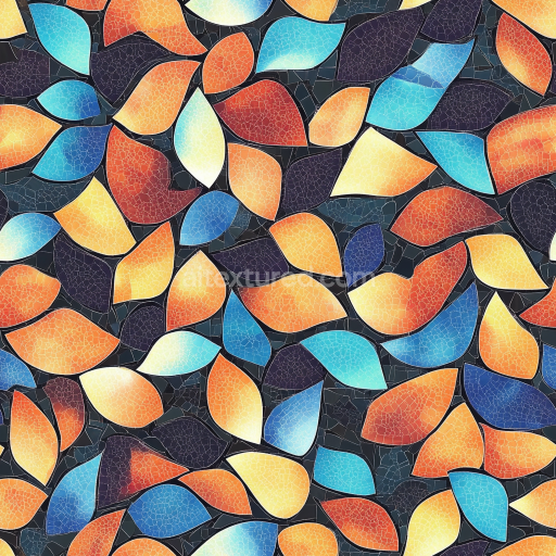 Seamless 3D Mosaic PBR Texture with Colorful Leaf-Shaped Ceramic Tiles and Crackle Finish texture preview