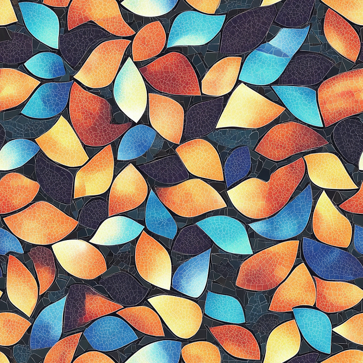 Mosaic with Colorful Leaf-Shaped Ceramic Tiles and Crackle Finish seamless PBR texture preview