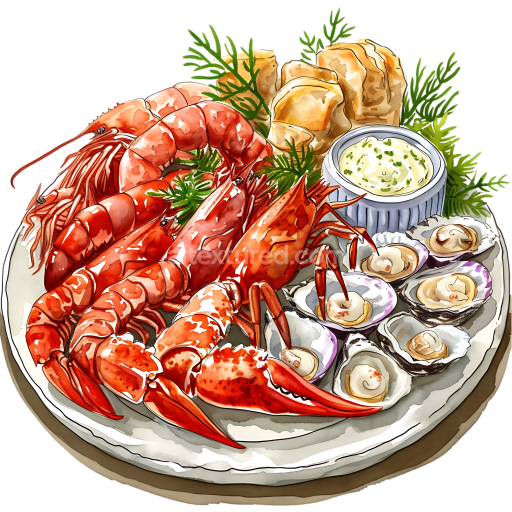 Watercolor Seafood Platter Breakfast Graphic with Aioli and Herbs