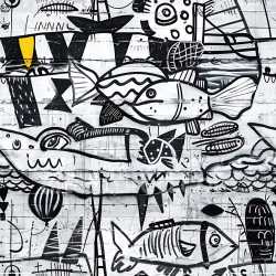 seamless Seamless 3D PBR Texture of Black & White Fish Graffiti on Urban Wall texture 8k free download PBR
