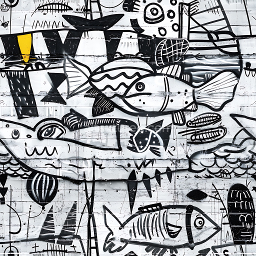 Seamless 3D PBR Texture of Black & White Fish Graffiti on Urban Wall
