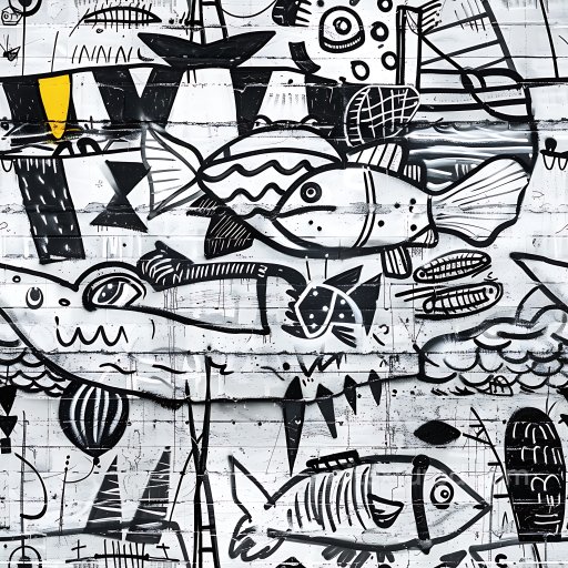 Seamless 3D PBR Texture of Black & White Fish Graffiti on Urban Wall texture preview