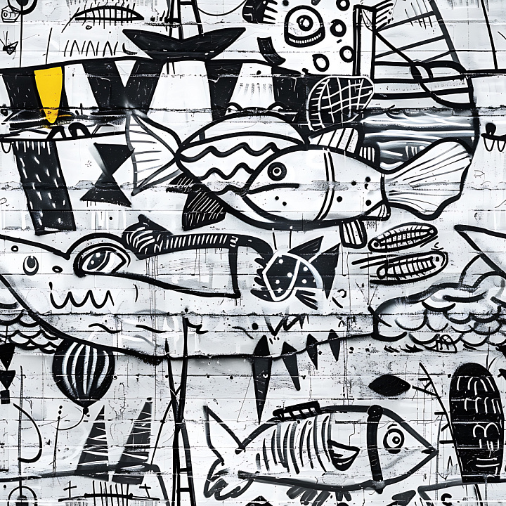 Black & White Fish Graffiti on Urban Wall seamless PBR texture preview