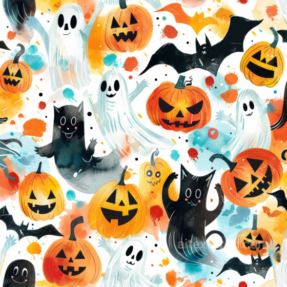 Watercolor Halloween Texture with Pumpkins, Ghosts, Bats and Cats Watercolor Halloween texture preview