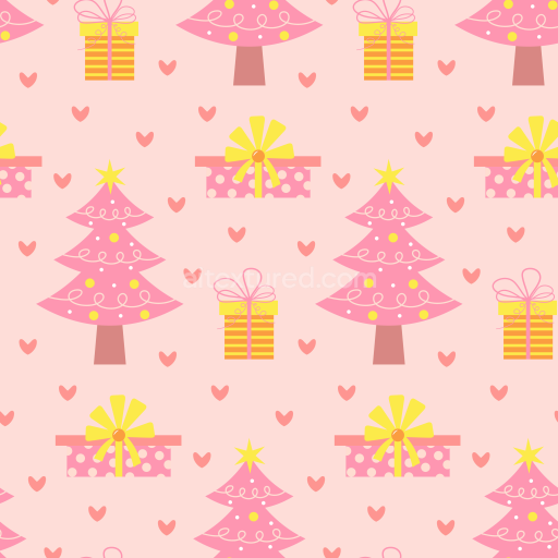 Seamless 3D PBR texture of pastel pink Christmas trees and presents on light pink background