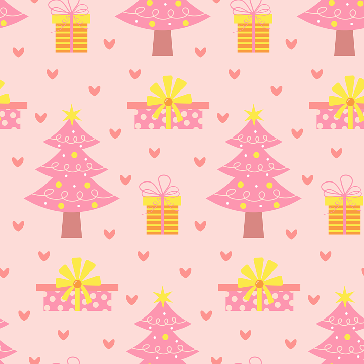 Digital Paper With Pink Christmas Trees And Gifts seamless PBR texture preview