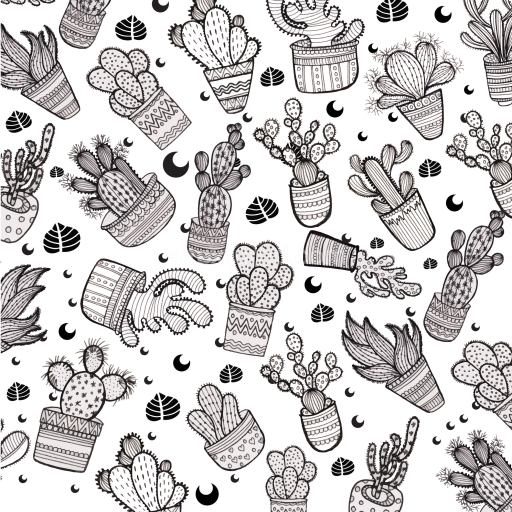 Seamless 3D PBR Texture Featuring Black and White Illustrated Cactus Pattern