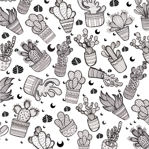 Featuring Black and White Illustrated Cactus Pattern seamless White & Black PBR texture