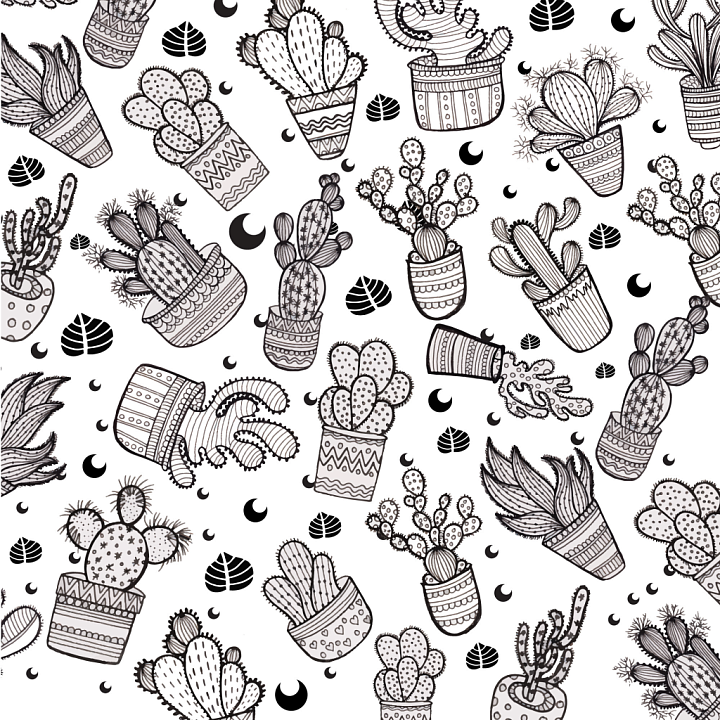 Featuring Black and White Illustrated Cactus Pattern seamless PBR texture preview