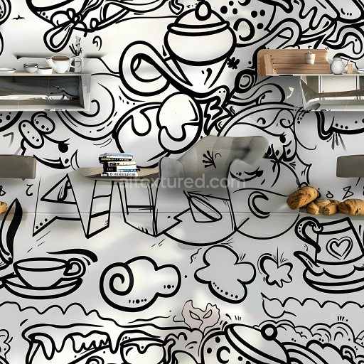 Seamless 3D PBR texture with bold black and white graffiti doodle patterns