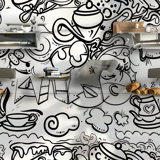 Seamless 3D PBR texture with bold black and white graffiti doodle patterns texture preview