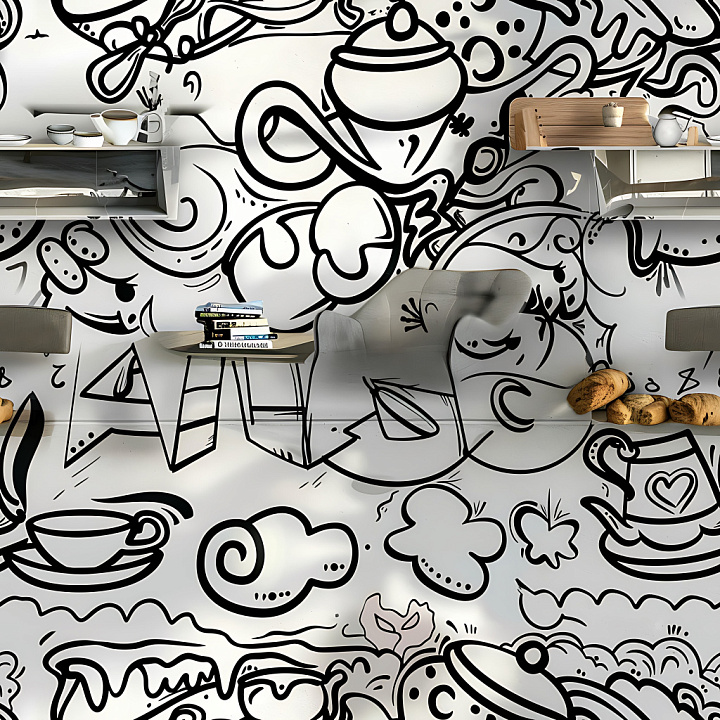 With Bold Black And White Graffiti Doodle Patterns seamless PBR texture preview