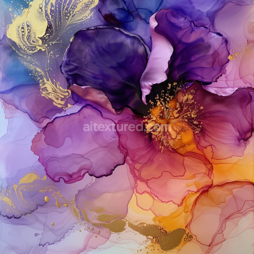 Preview — Seamless 3D Alcohol Ink PBR Texture with Purple, Gold & Orange Fluid Petals