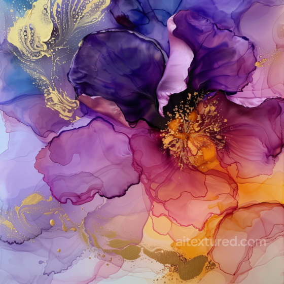 Alcohol Ink PBR Texture with Purple, Gold & Orange Fluid Petals Alcohol ink texture preview