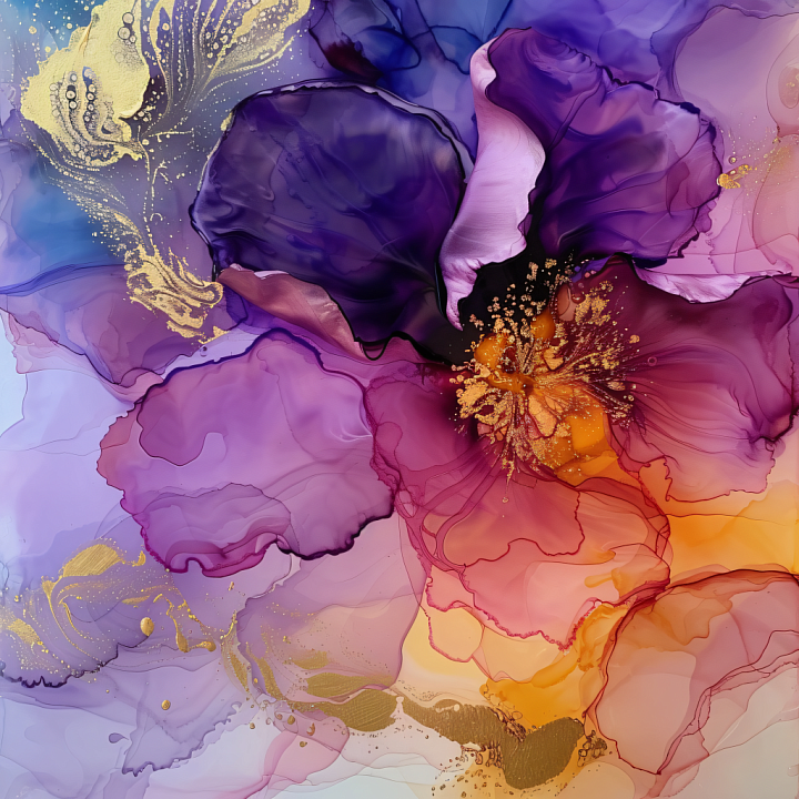 Alcohol Ink with Purple, Gold & Orange Fluid Petals seamless PBR texture preview