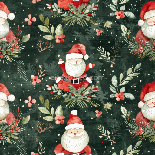 Seamless 3D PBR Watercolor Christmas Fabric Texture with Santa and Holiday Foliage