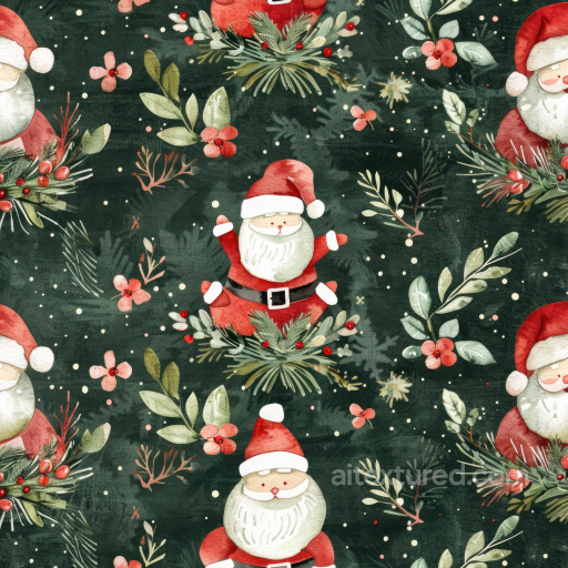 Watercolor Christmas Fabric Texture with Santa and Holiday Foliage seamless Watercolor Christmas PBR texture