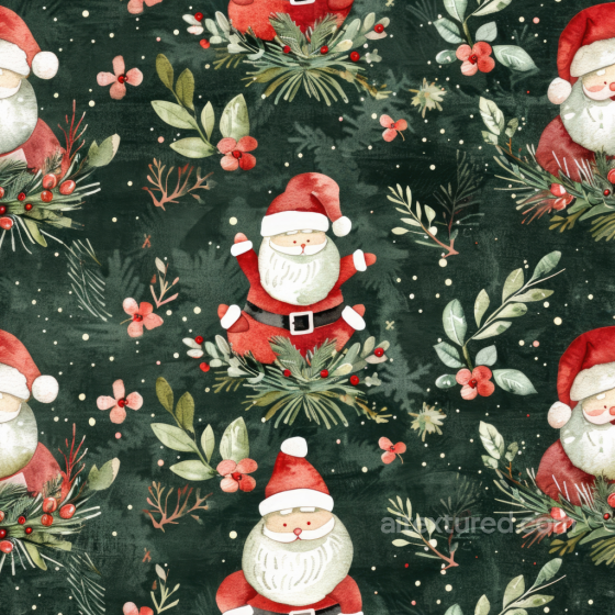 Watercolor Christmas Fabric Texture with Santa and Holiday Foliage Watercolor Christmas texture preview