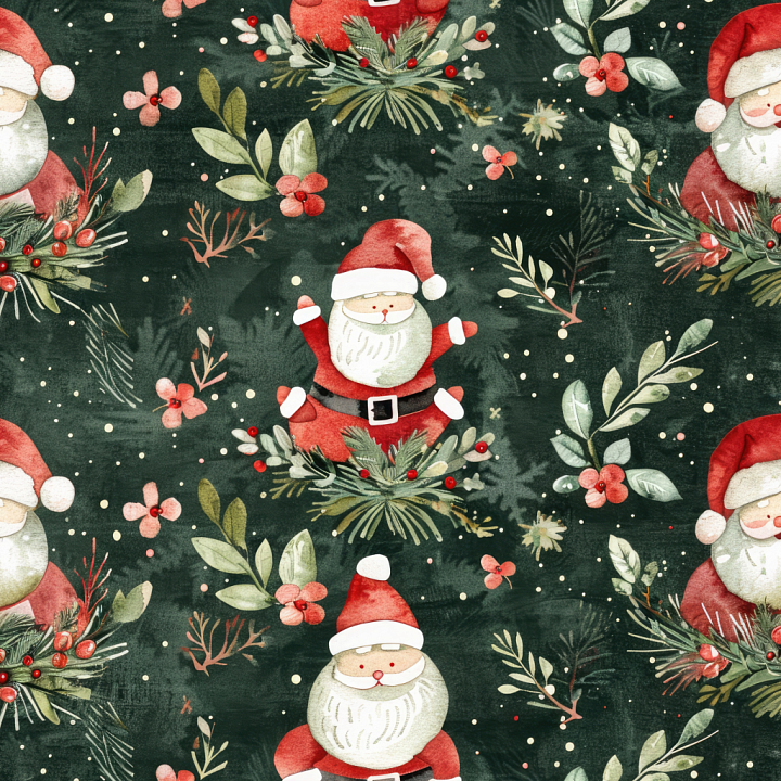 Watercolor Christmas Fabric with Santa and Holiday Foliage seamless PBR texture preview