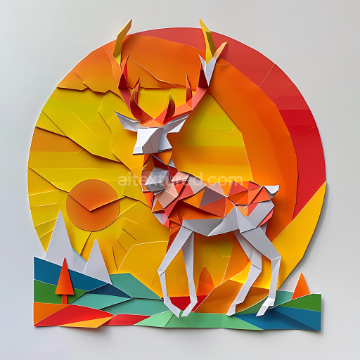 Seamless 3D PBR Texture Featuring Stylized Origami Bongo with Bold Geometric Shapes and Warm Color Gradients