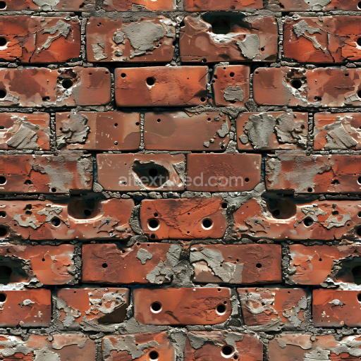 Seamless 3D PBR Texture of Cracked and Holed Red Brick Wall with Aged Mortar