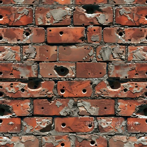 Cracked & Holes Texture of Cracked and Holed Red Brick Wall with Aged Mortar seamless Cracked & Holes PBR texture