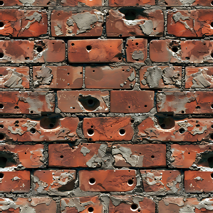 Cracked & Holes of Cracked and Holed Red Brick Wall with Aged Mortar seamless PBR texture preview