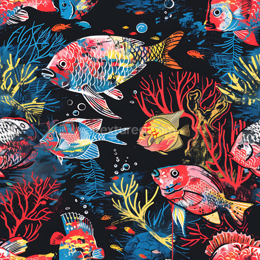 Seamless 3D PBR Graffiti Texture Featuring Vibrant Fish and Coral Patterns