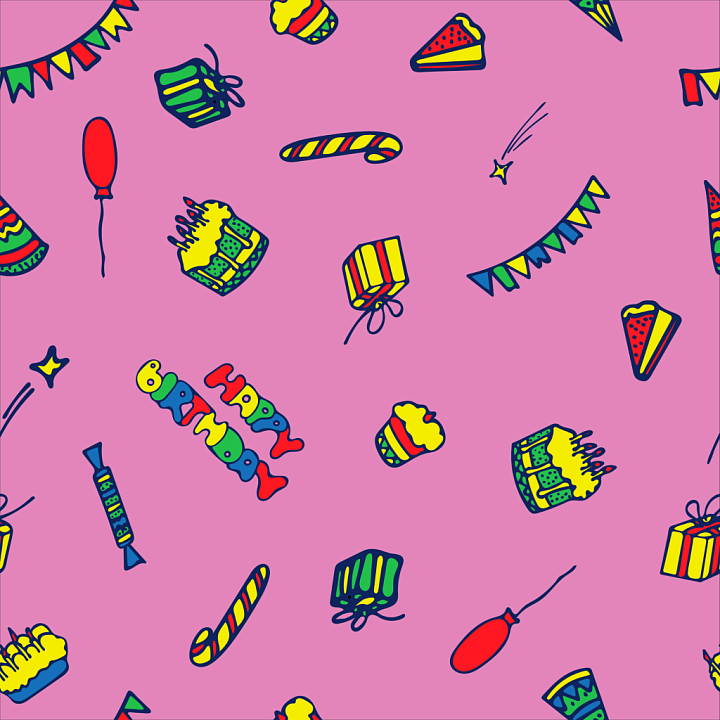 Featuring Colorful Birthday Icons on Pink Background seamless PBR texture preview