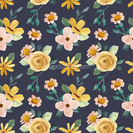 Seamless 3D PBR Floral Watercolor Pattern Texture with Yellow and Pink Flowers