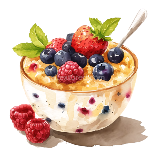 Watercolor Baked Oatmeal Breakfast Bowl with Fresh Berries and Mint